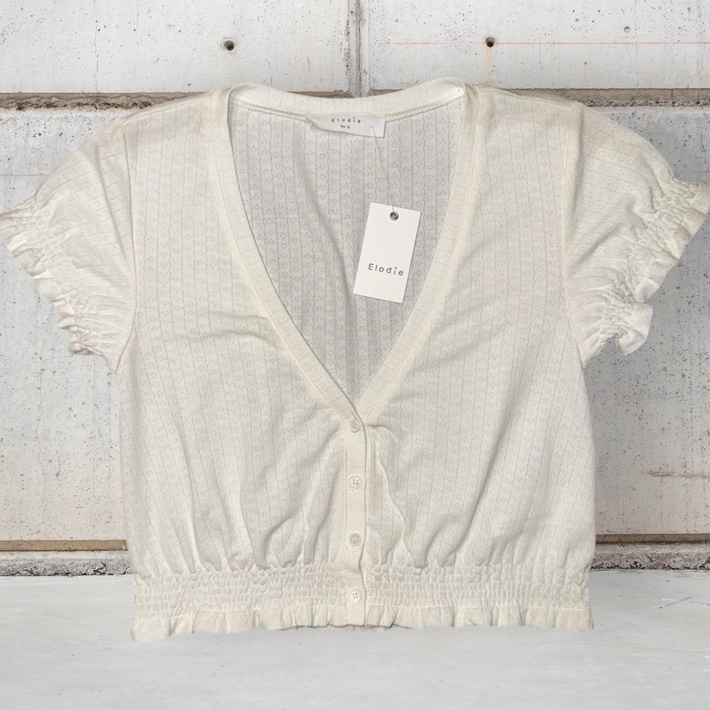 Elodie White Textured Cropped Button Front V Neck Crop Top Womens Size S NWT
